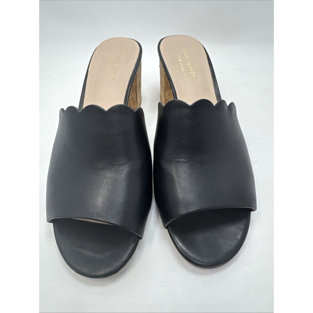 Kate Spade Black Leather Scalloped Edge Block Heel Open Toe Mules Women's 8.5M - Picture 3 of 10